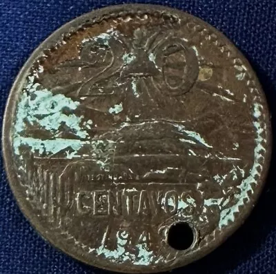 Mexico 1943 - 20 Centavos Bronze Coin - Pyramid Of The Sun At Teotihuacán Holed • $2