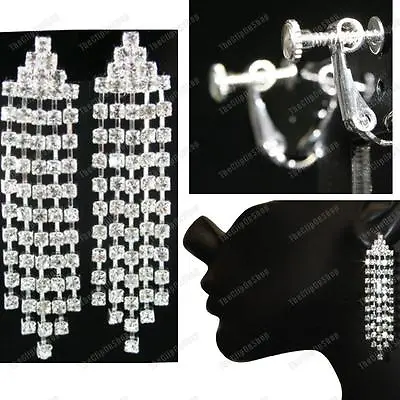 6cm CRYSTAL Glass Rhinestone DROP EARRINGS Chandelier CLIP ON/PIERCED Silver Pl • £3.99