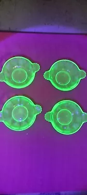 4 Vintage Green Berry Dessert Bowls Pannel Uranium Vaseline Glass Handles Lot • $27