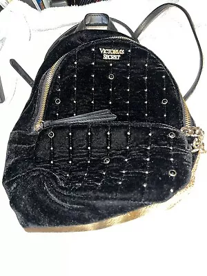 Victoria's Secret Black Velvet Mini Back Pack Gold Accents Adjustable Straps EUC • $22