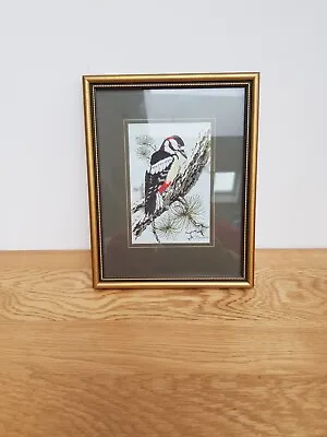 £12 • Buy Vintage J&J Cashs Great Spotted Woodpecker Silk Woven Picture 19cm X 15cm