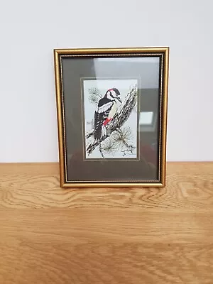 Vintage J&J Cashs Great Spotted Woodpecker Silk Woven Picture 19cm X 15cm • £12