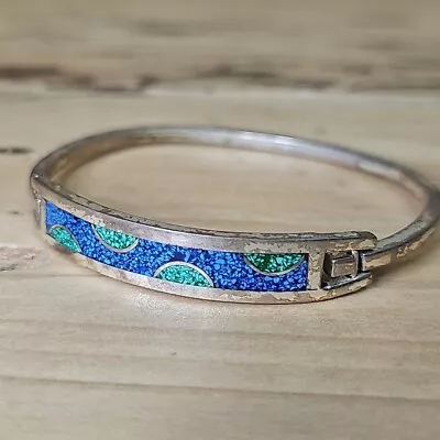 Vintage Alpaca Mexico Blue & Green Stone Inlay Bracelet Silver Toned IP273 • $5