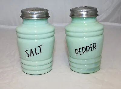Jadeite Glass Round Salt And Pepper Shakers Ribbed Jade Depression Retro Style • $16