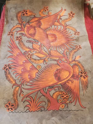 $40 • Buy 15 1/2 X 23  Mexican Folk Art Amate Bark Painting Aztec Love Bird Peacock Flower