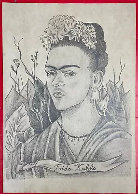 Frida Kahlo (Handmade) Drawing Mixed Media On Old Paper Signed & Stamped • $125