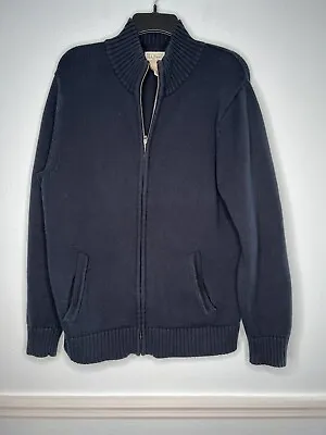 LL Bean Mens Medium Full Zip Sweater Navy Blue Leather Zipper Pull Outdoor • $22.44