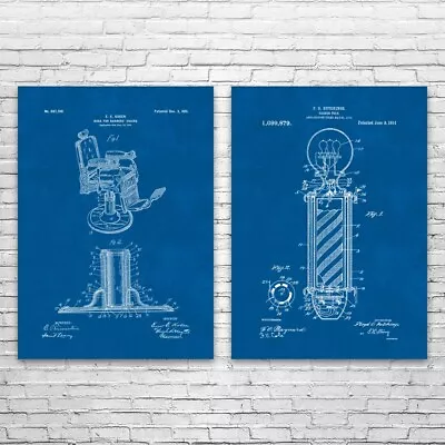 Barber Shop Patent Prints Set Of 2 Hair Stylist Barber Gift Chair Blueprint • $43.75