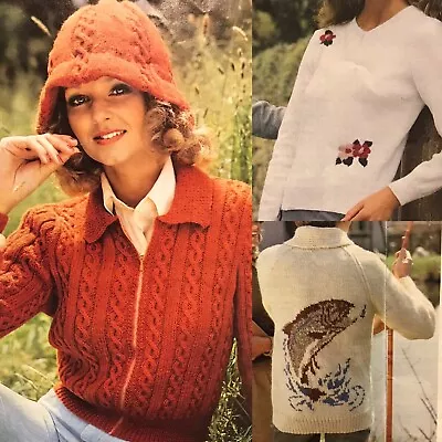 1970s Fish Bomber Jacket Cloche Hat Cricket Toadstool Knitting Pattern Holiday  • $5