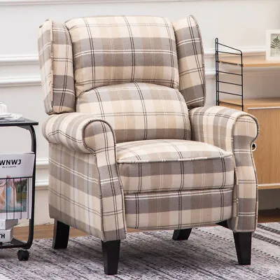 Recliner Armchair Tartan Chair Wing Back Sofa Lounge Chair Adjustable Footrest • £229.95