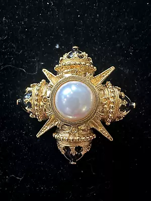 Vintage Maltese Cross In Black Gold Tone & Faux Pearl Cabochon Center. Retro • $77