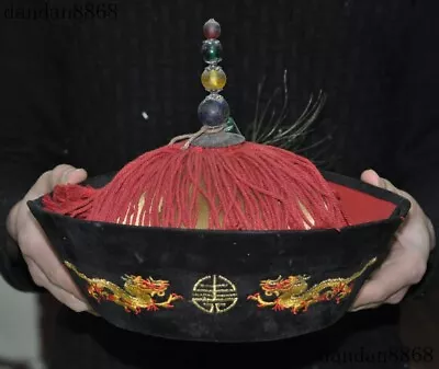 China Silk Gemstone Qing Dynasty Goverment Official Hat Dragon Embroidery Crown • $168
