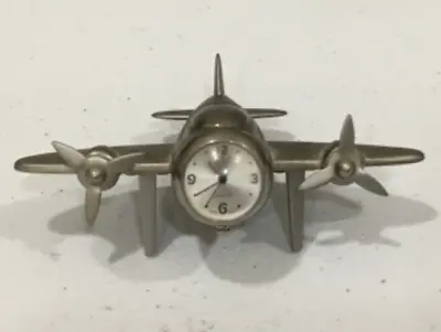 Vintage Silver Tone Bi-Plane Aviation Airplane Clock Metal Quartz Paper Weight • $25