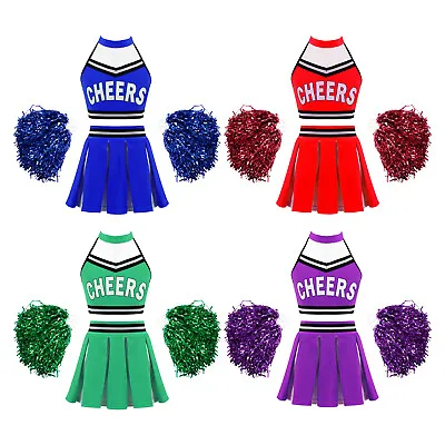 Girls Cheer Leader Costume Cheerleading Uniform Crop Top With Skirt Pom Poms Set • £7.72