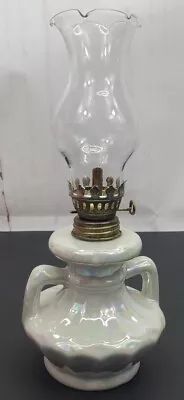 Small Vtg White Iridescence Oil Kerosene Lamp Fluted Hurricane 8  Double Handle • $24.86