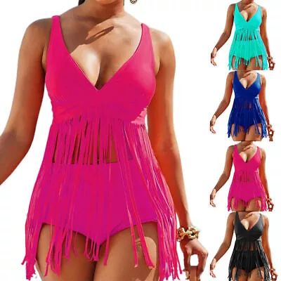 Lady’s Solid Tassel Bikini Set High Waisted Brief Swimsuit Beachwear Holiday • £14.27