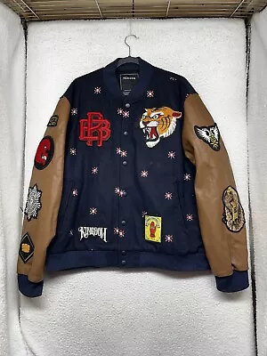 Reason Varsity Jacket Mens 2XL XXL Blue Tiger Patches Snap Pleather Sleeves • $39.99