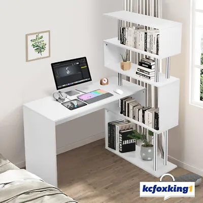 Computer Desk Office Corner Study L-shape Table Bookshelf Storage White 100CM • $179.49