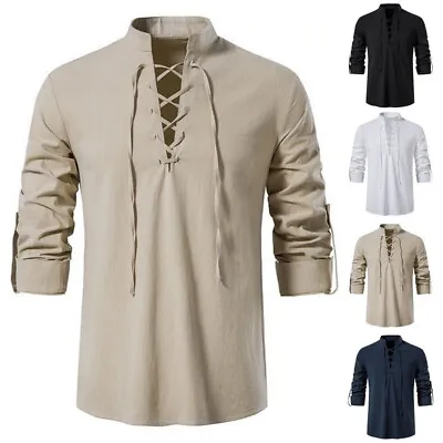 Mens Cotton Linen Long Sleeve Gothic T-shirt V Neck Lace Up Tops Tunic Blouse • £16.79