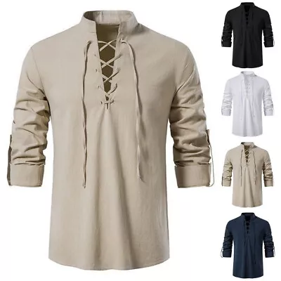 Mens Cotton Linen Long Sleeve Gothic T-shirt V Neck Lace Up Tops Tunic Blouse • £4.98