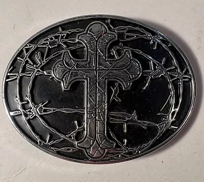 Cross Thorns Belt Buckle Religious Christian Vintage Chrome 3.5” X 2.5” • $12.99