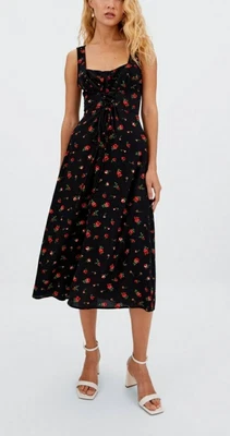 £11.99 • Buy Stradivarius Floral Print Corset Style Midi Summer Dress In Black, Size S, UK 8
