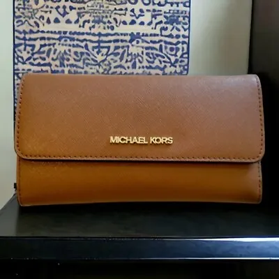 Michael Kors Jet Set Travel Large Trifold Wallet Clutch Mk Brown Luggage Leather • $105