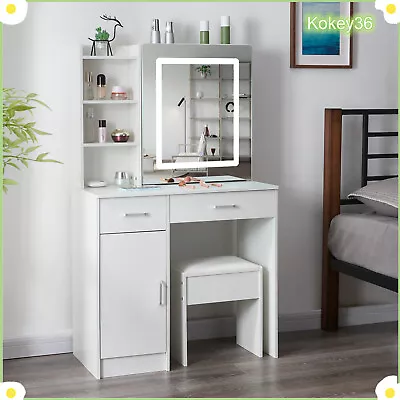 Makeup Vanity Table Set With LED Lighted Strip & Sliding Mirror Bedroom Dresser • £147.76