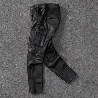 Men's Real Cow Leather Bikers Pants Cargo Pockets Pleated Panels Bikers Pants • $118