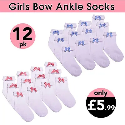 £5.99 • Buy Girls Bow Ankle Socks 12 Pairs School Socks Red Bow Blue Bow Socks White