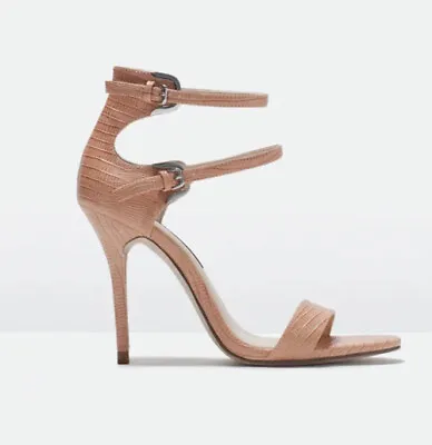 $38.89 • Buy Zara Pink Double Strap Heeled Sandals - Size 39 / 8 NWOT Embossed Snake Print