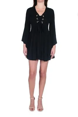 $39.99 • Buy Vava By Joy Han Dress Fit & Flare Lace Up Front Bell Sleeve Black NWT $107 S
