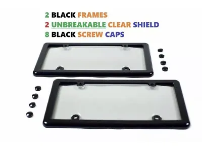 2 Unbreakable Clear License Plate Tag Shield Covers + 2 Black Frames + 8 Caps • $11.95