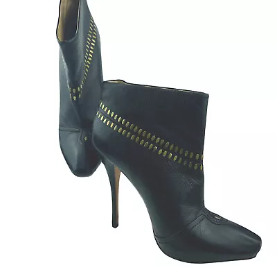 L.A.M.B. Gwen Stefani Jaycee Womens Black Leather Ankle Boot Gold Accent Size 9M • $79.99