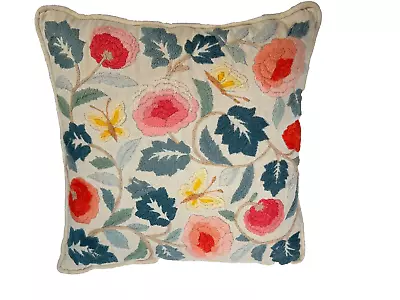 Vintage Embroidered Crewel Floral And Butterflies Accent Pillow (A11516) • $19.99