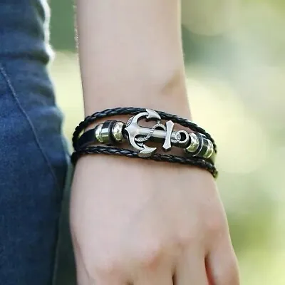 Mens Sailor Beach Nautical Anchor Bracelet Leather Wristband Men's Bnagle Brown • $8.95