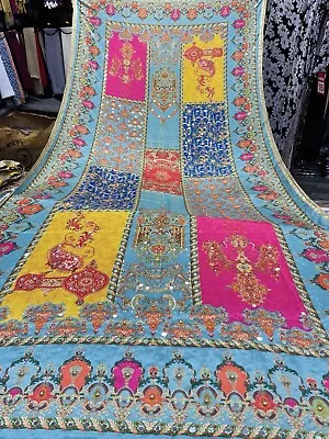 ✅Kashmiri Indian Shawl Charmuse Crepe Silk Duppatta Mehndi Wedding Scarf Mirror • £24.99