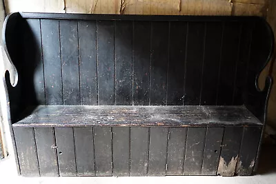 Antique Large Provincial Black Painted Oak Tavern Settle C.1880 • £3250