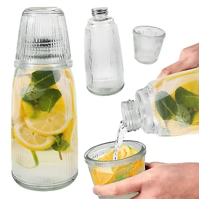 Clear Glass Water Bottle Bedside Tumbler Nightstand 1000ml Carafe Pitcher Cup • £7.99