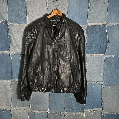 Vintage 80s Leather Biker Bomber Jacket Black No Flaws Removed Liner Size Large • $25