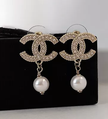 Chanel Vintage Pearl CC Gold Drop Dangling Earrings • $175