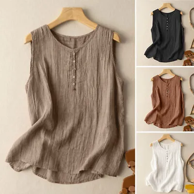 $16.71 • Buy ZANZEA Women Summer Sleeveless Tank Tops Solid Cotton Button Shirts Cami Blouse