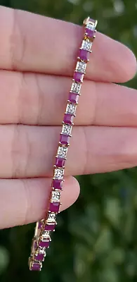 Vintage 10kt Yellow Gold Natural Ruby & Accent Diamond Bracelet - 7  Long / 7.1g • $495