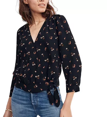 Madewell Floral Wrap Top Women Size Small Long Sleeve In Flower Toss Black • $28.95