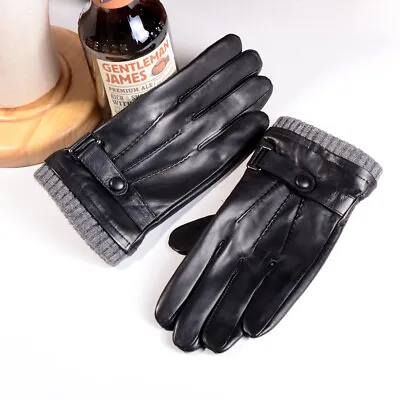New Knitted Rib Men‘s Real Leather Wrist Button Winter Warm Touch Screen Gloves • $29.80