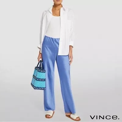 Vince Women Satin Pants High Waist Bias Pull On Trouser Blue Aria Size L NWT • $89