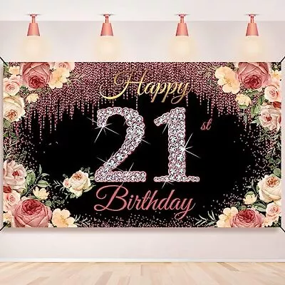 21st Birthday Decorations For Her Happy 21st Birthday Banner Backdrop Gold Fl... • $20.33