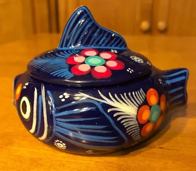 Mexican Pottery Hand Painted Small Trinket Fish Box Bowl Dish With Lid • $9.50