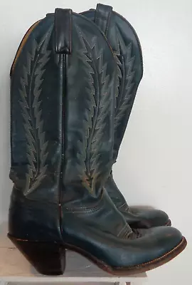 Western Leather Cowboy Cowgirl Slate Blue Boot Vintage Size 7 Feather Stitching • $29.99