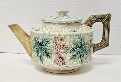 Teapot Majolica Basket Weave & Floral 4 1/8  Tall Antique  • $65